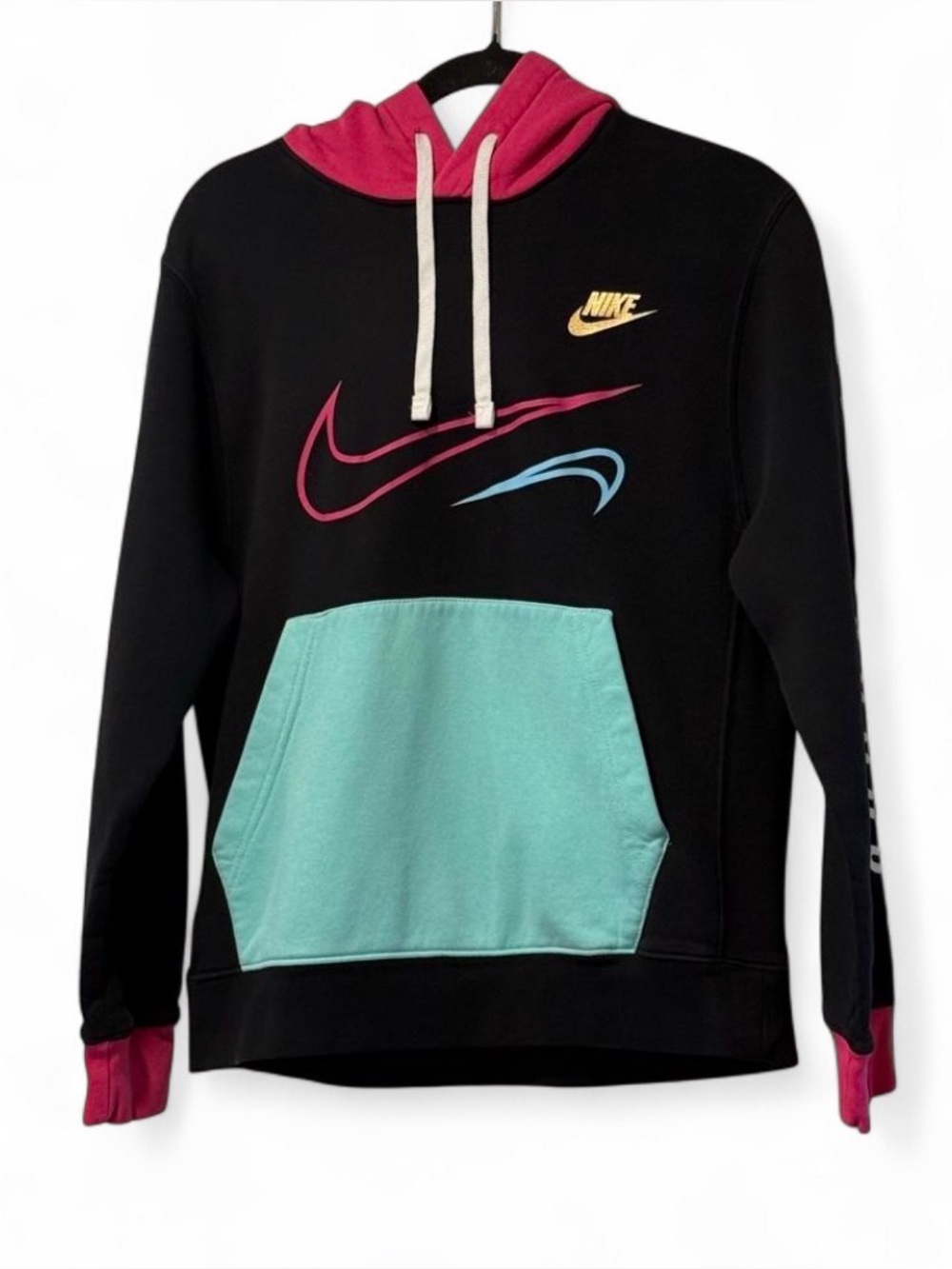Y2K Nike Sportswear Multi Swoosh Colorblock Hoodie Small Black Pink Teal Fleece